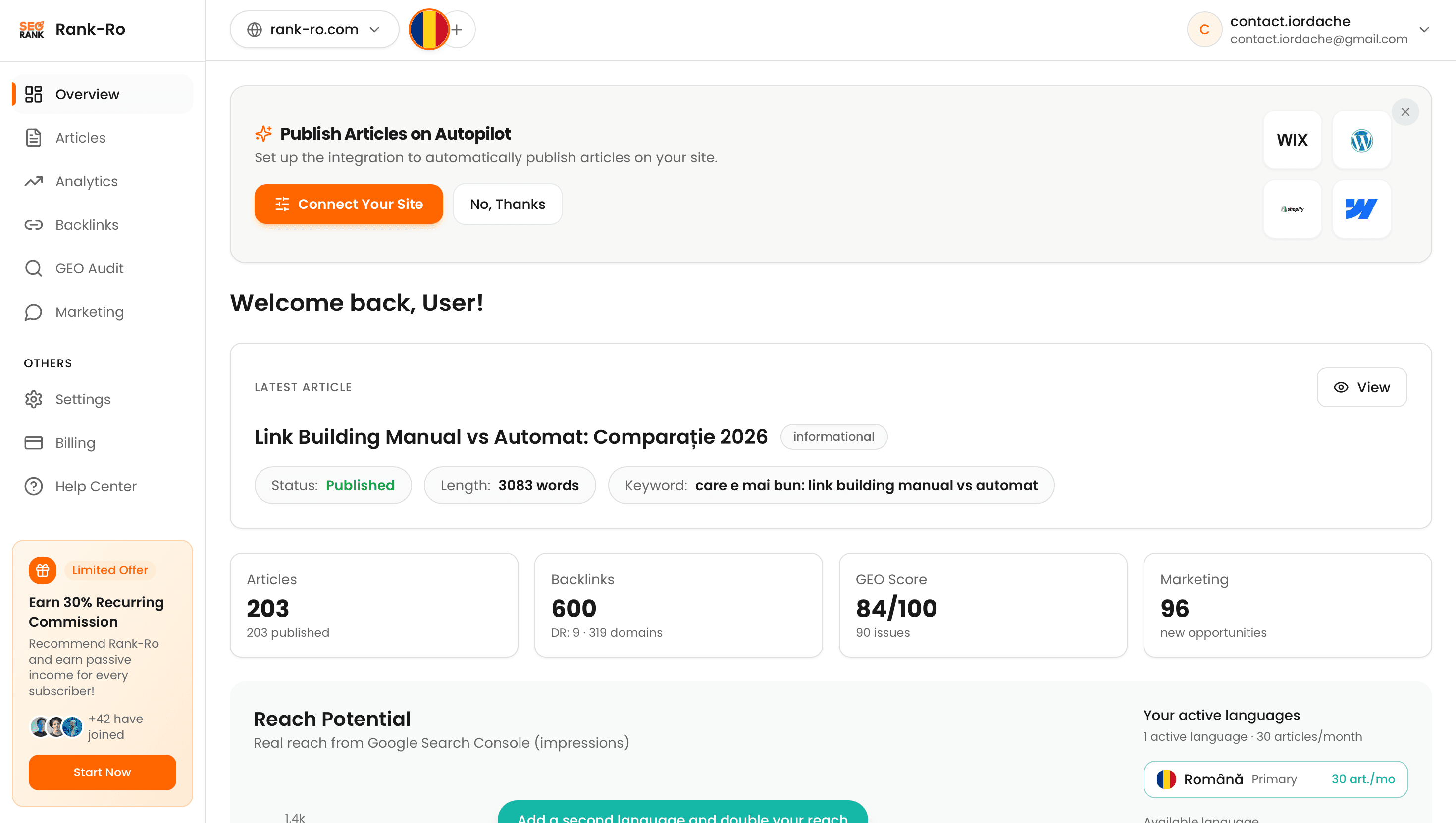 Previzualizare dashboard RankRO SEO